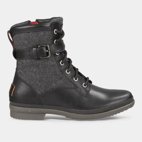 UGG Kesey Black Leather Side Zip Lace Up Combat Boots Size 6.5 - Picture 1 of 8